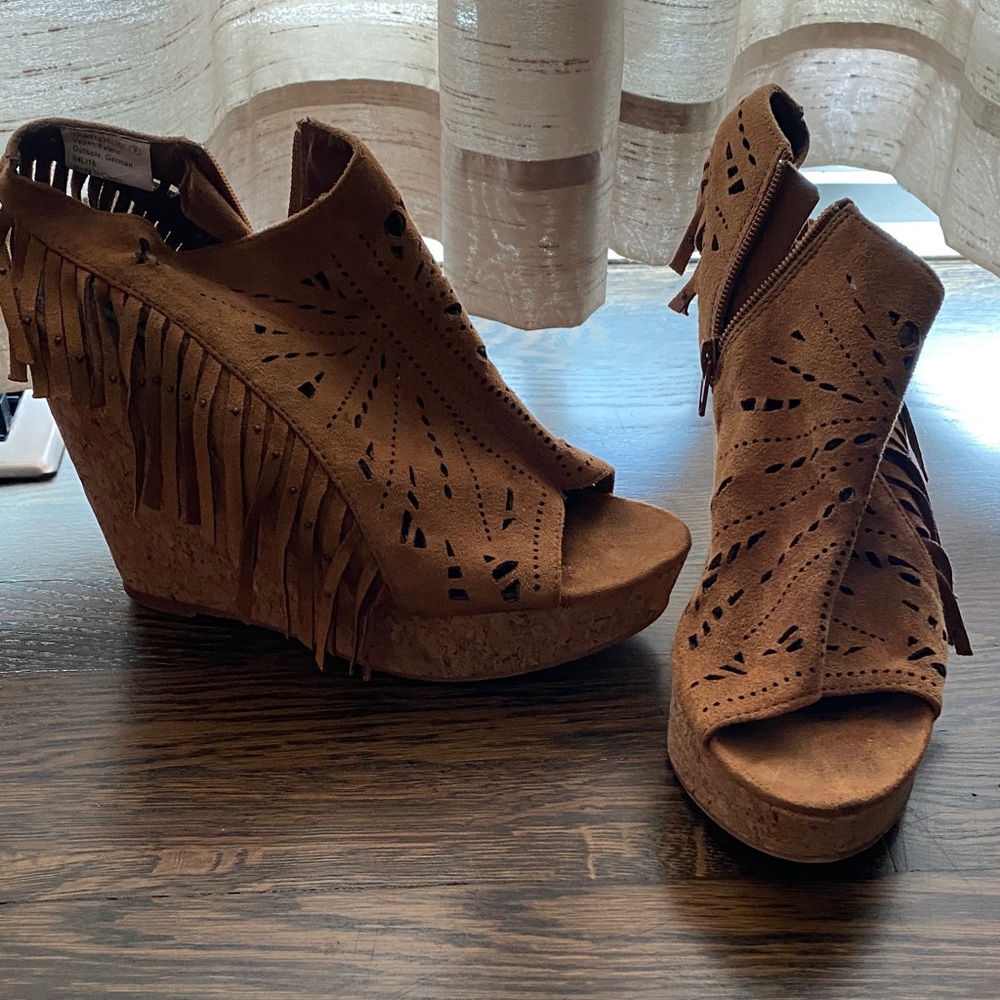 Not Rated Tan Fringe Wedge Sandals